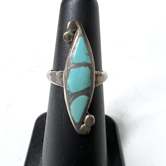 Vintage Sterling Turquoise Inlay Ring Size 4.75 - Picture 1 of 6